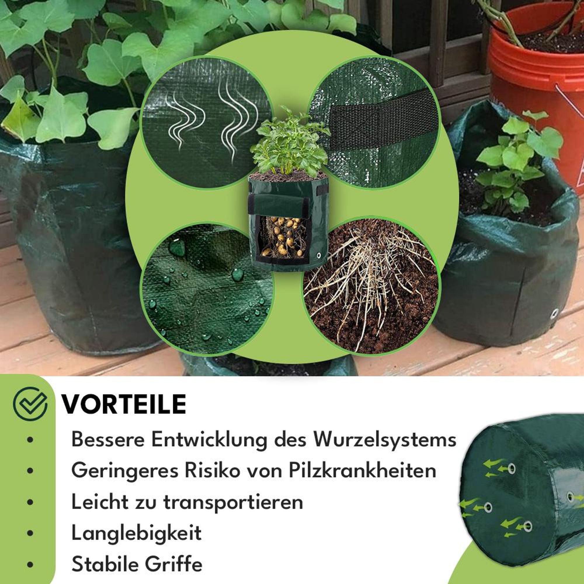 KRUMAD Pflanzsack 26L 35x34 cm Griffen UV beständig Wiederverwendbar Pflanztasche für Kartoffeln Gemüse Kräuter