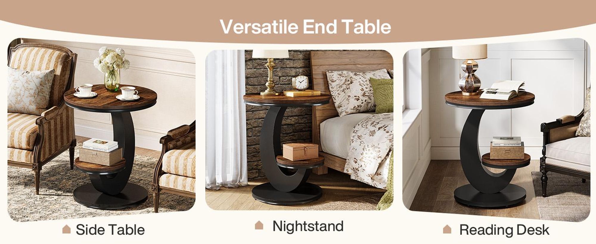 Tribesigns runder Beistelltisch, 2-stöckig mit Ablagefach, ideal als Nachttisch neben Sofa und Bett, mit bogenförmigem Holz-Metall-Gestell, Braun