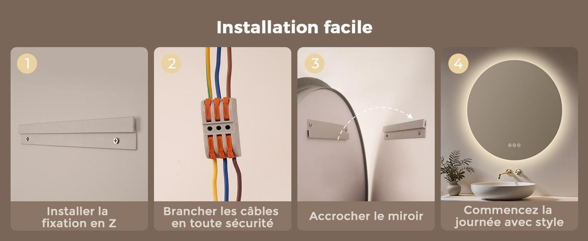 Miroir de salle de bain avec éclairage, rond, 80 cm, miroir LED S'AFIELINA, intensité réglable, 3 couleurs de lumière, anti-buée,tactile, fonction de mémorisation, IP65, étanche pour la salle de bain