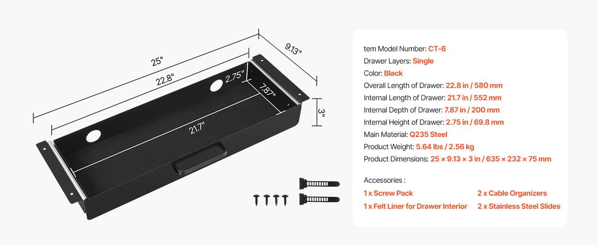 VEVOR Untertischschublade 635 x 232 x 75 mm, Untertischschublade, versteckter Schreibtischspeicher für Sitz-Steh-Arbeitsplätze im Büro und zu Hause