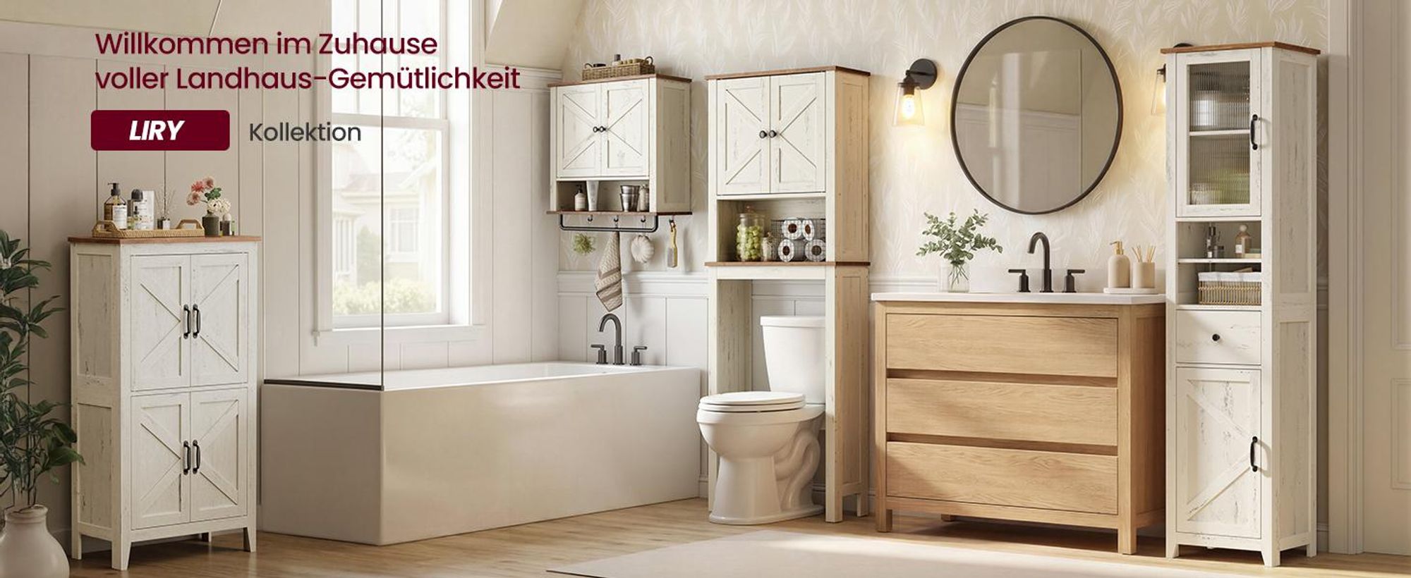 VASAGLE Badezimmerschrank im Landhausstil, Badschrank schmal, Badmöbel, weiß-braun