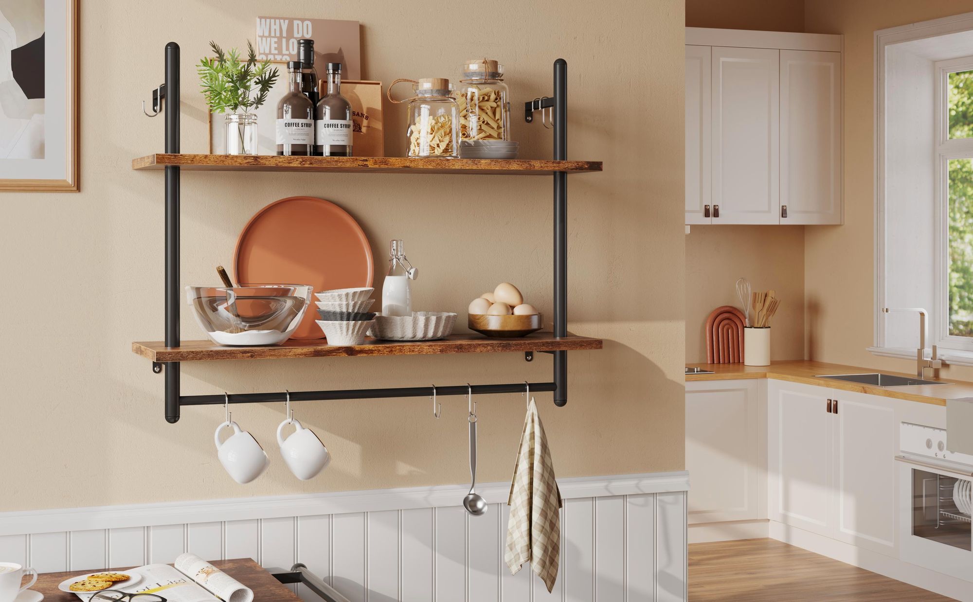 Wandregal Industrie-Look mit Haken | 2-stufiges schwebendes Rohrregal 80x64cm | Aus Holz für Küche, Wohnzimmer, Badezimmer | Deko- & Aufbewahrungsrega