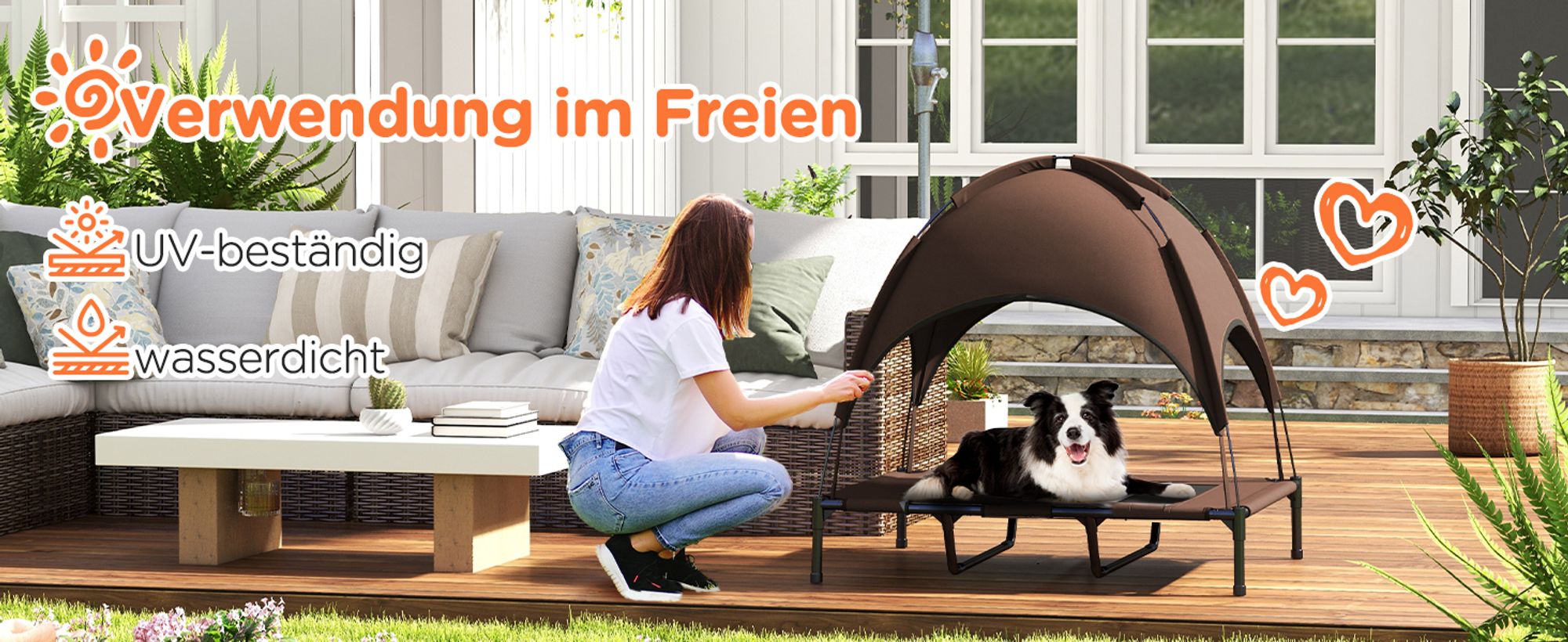PawHut Erhöhtes Hundebett mit Baldachin, Haustierbett, Hundeliege outdoor mit Dach, Atmungsaktiv, Taftstoff für Camping Kaffee 122 x 92 x 108 cm