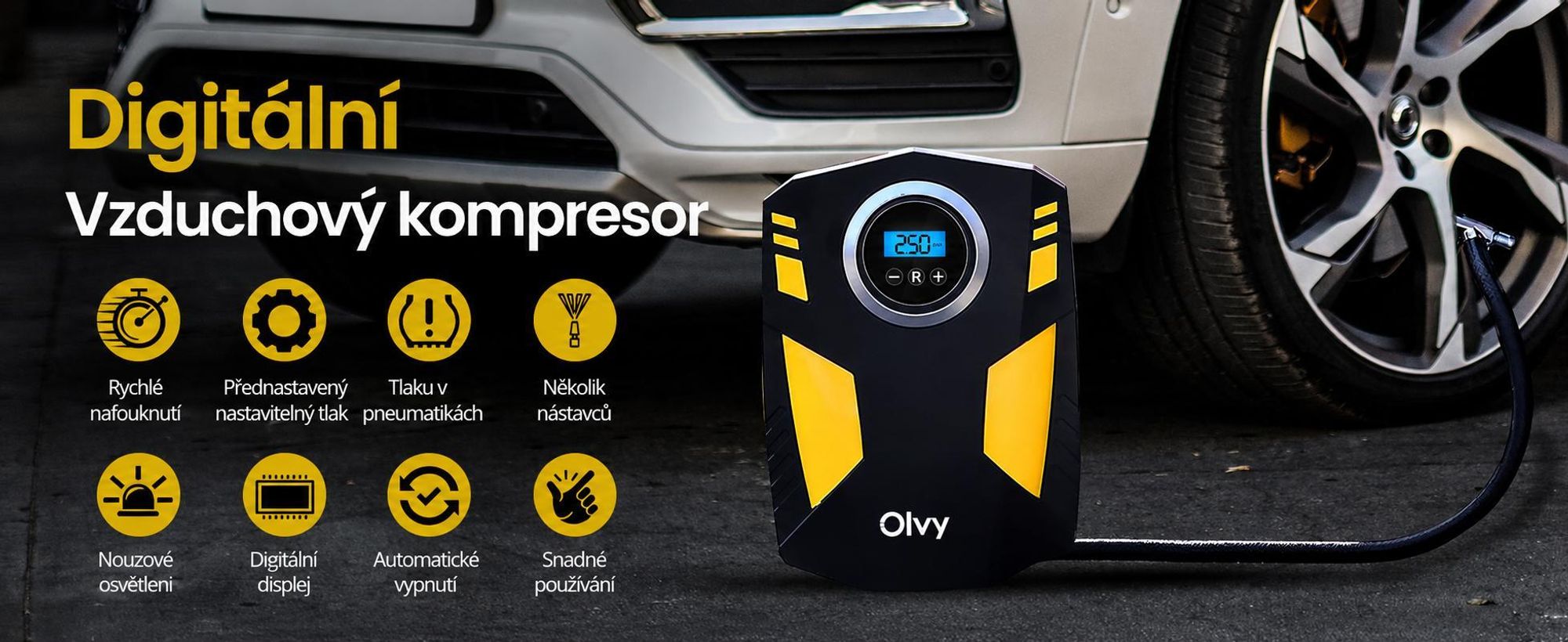 Olvy Vzduchový kompresor pro pneumatiky automobilů 12V síť, 10,3 baru Elektrické vzduchové čerpadlo, digitální displej, LED světlo Mini kompresor pro automobilové kolo Koule 4 ventily