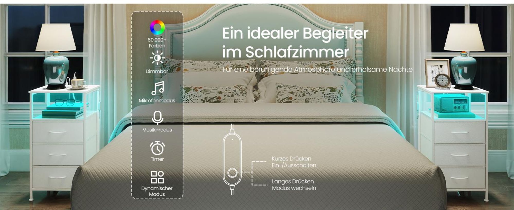 SONGMICS Nachttisch mit LED-Beleuchtung und Ladestation, 2er Set, Nachttisch mit 3 Schubladen und offenem Fach, weiß