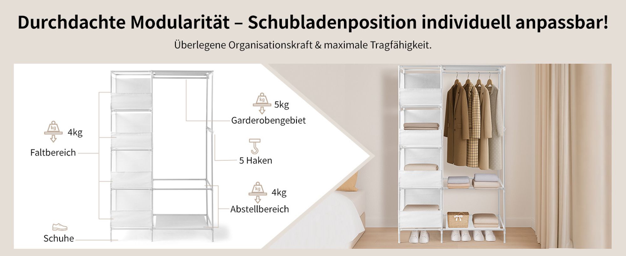 Stoffschrank Kleiderschrank, Kleiderstange und Ablagen，4-layer Doppelreihe, hochbeinig, Vorhang, 105*45*170cm，Weiß