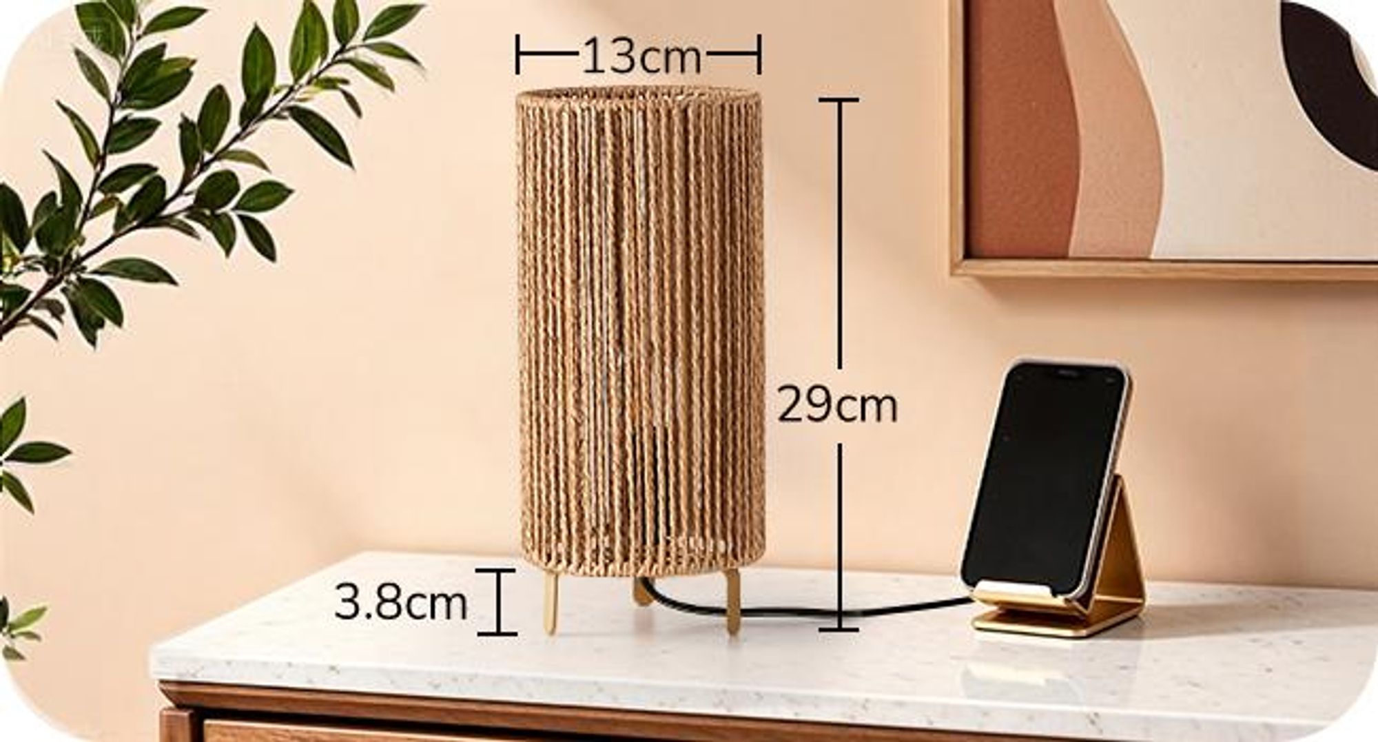EDISHINE Nachttischlampen 2er-Set, gewebter Papierseilschirm, inkl. 4W LED  Moderne Tischlampe mit Metallgestell, E27 Fassung, 2700K Warmweiß