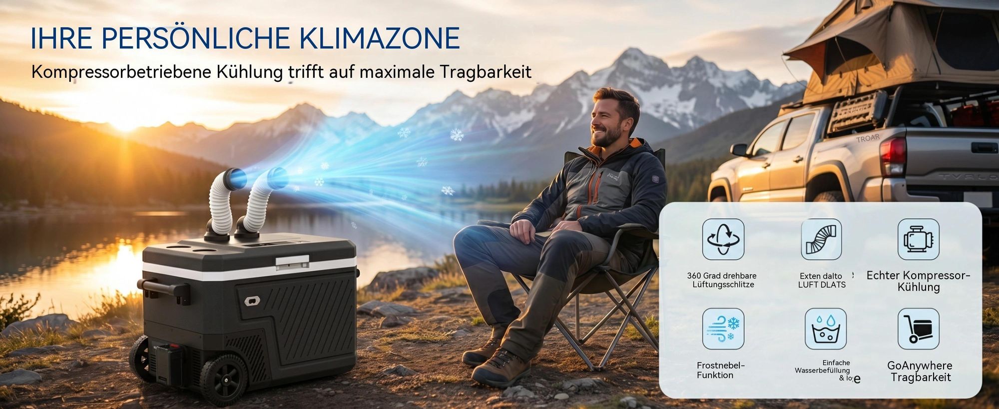 Kompressor Kühlbox auto elektrisch 45L mit Luftkühlfunktion, Camping Kühlbox 12/24/230V, Gefrierbox bis –20 °C, Kühlbox mit Rädern & Teleskopgriff