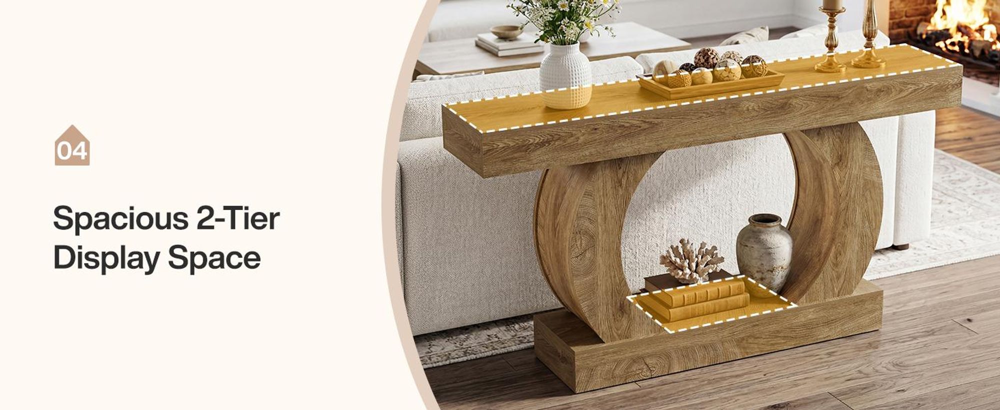 Tribesigns Konsolentisch 150 cm, schmaler Flurtisch mit runder offener Basis und Zwei Ablageflächen, Landhausstil, Eichen-Optik, Hellbraun