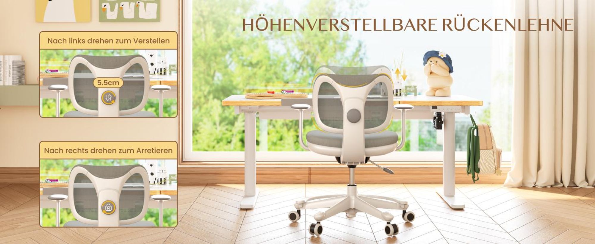 FLEXISPOT Kinderschreibtisch und Stuhl Set, Elektrisch höhenverstellbar, Neigbare Tischplatte, 3 Speicherplätze, Kindersicherung, 110x52 cm