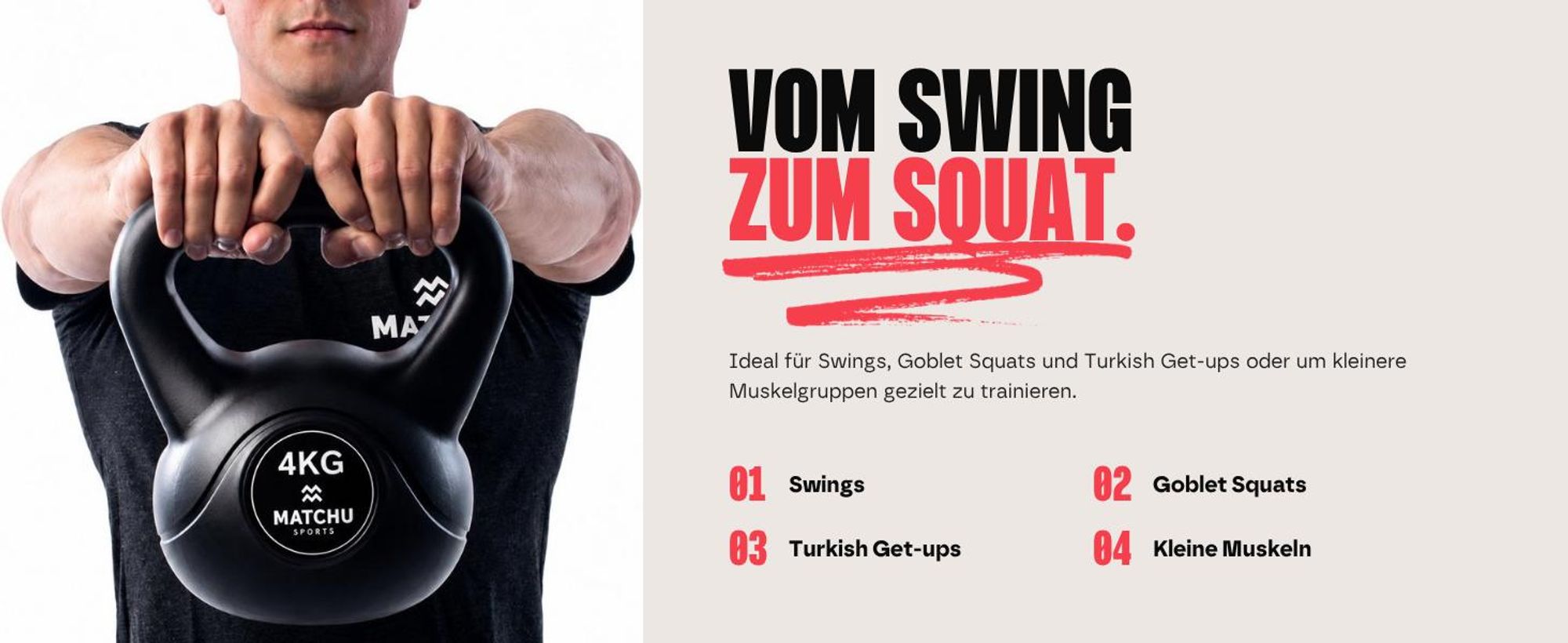 Matchu Sports Kettlebell 4 kg mit Kunststoffhülle und Betonfüllung – Kugelhantel für Krafttraining und Functional Fitness zu Hause – Schwarz