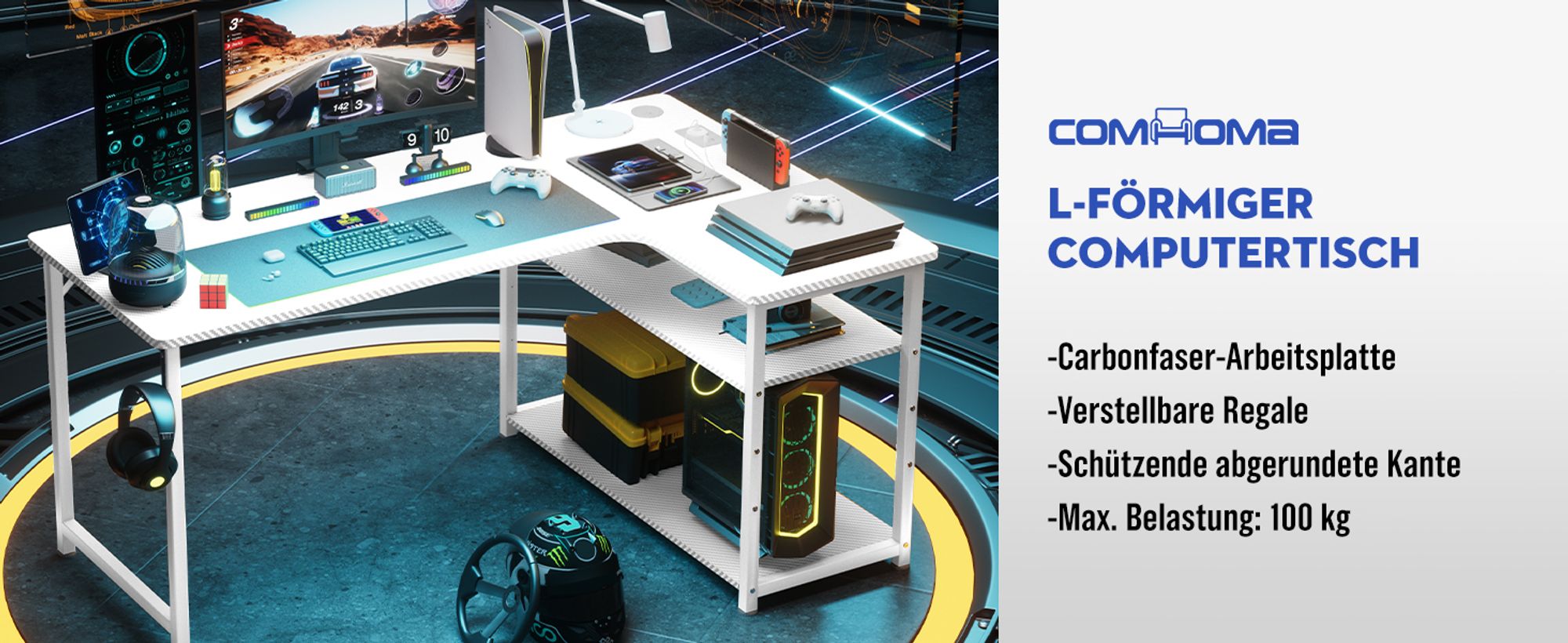 COMHOMA Schreibtisch Gaming Tisch mit Regal, Eckschreibtisch mit USB-Ladeanschluss und Steckdose, 120cm Computertisch L Form, PC Tisch für Büro, Heimb