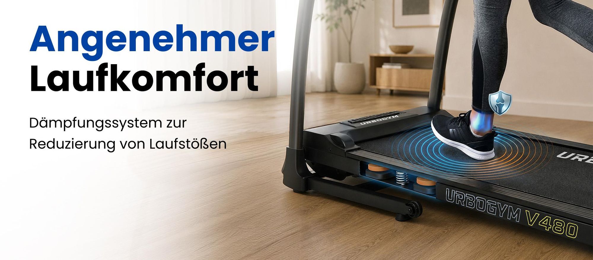 URBOGYM V480 elektrisches Laufband für Zuhause, 12 km/h, 120 kg, 40 × 120 cm Lauffläche, 12 Programme, Bluetooth, klappbar