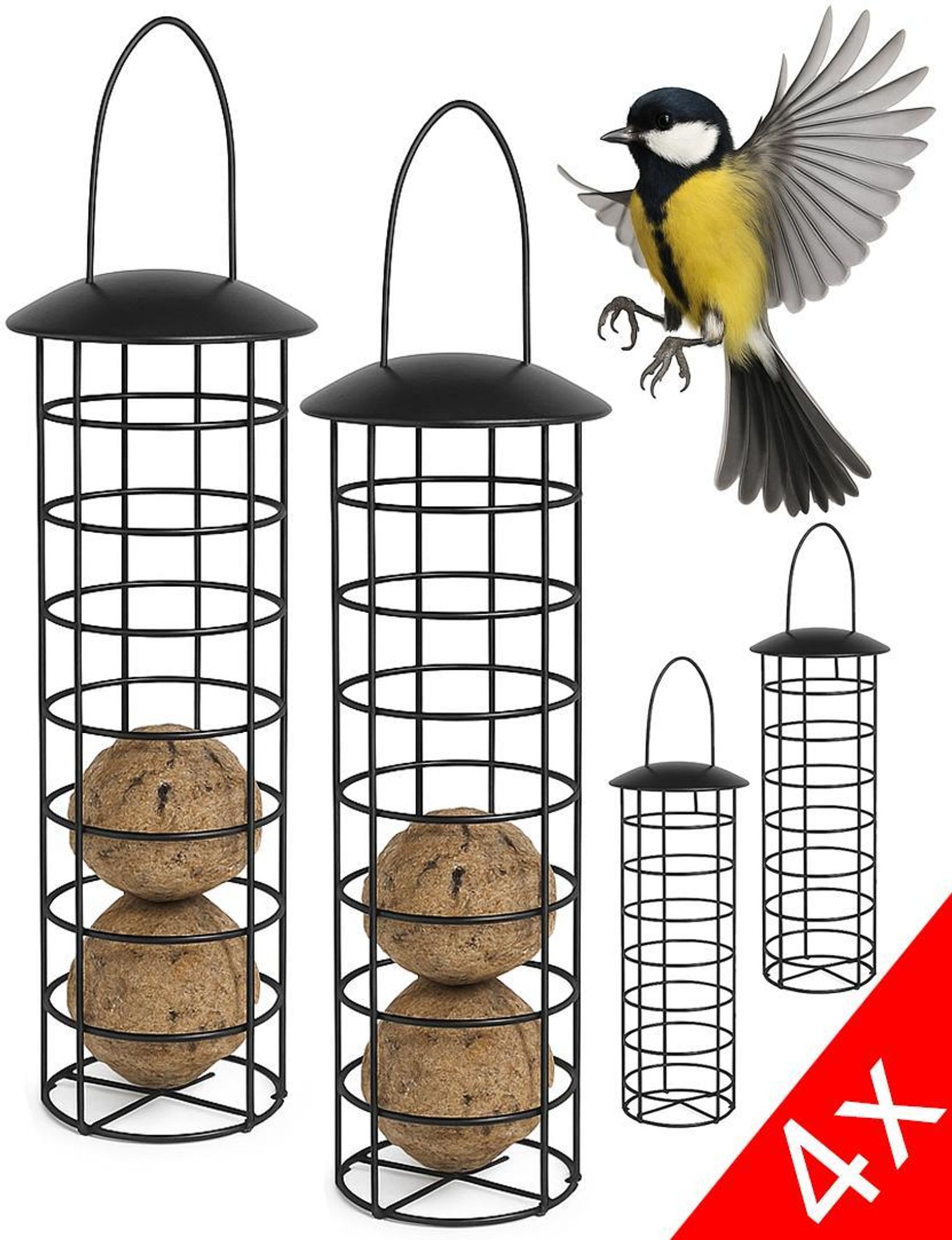 Meisenknödelhalter 4er Set, zum Aufhängen, HxD 31x8,5 cm, Vogelfutterspender für Wildvögel, Metall, schwarz