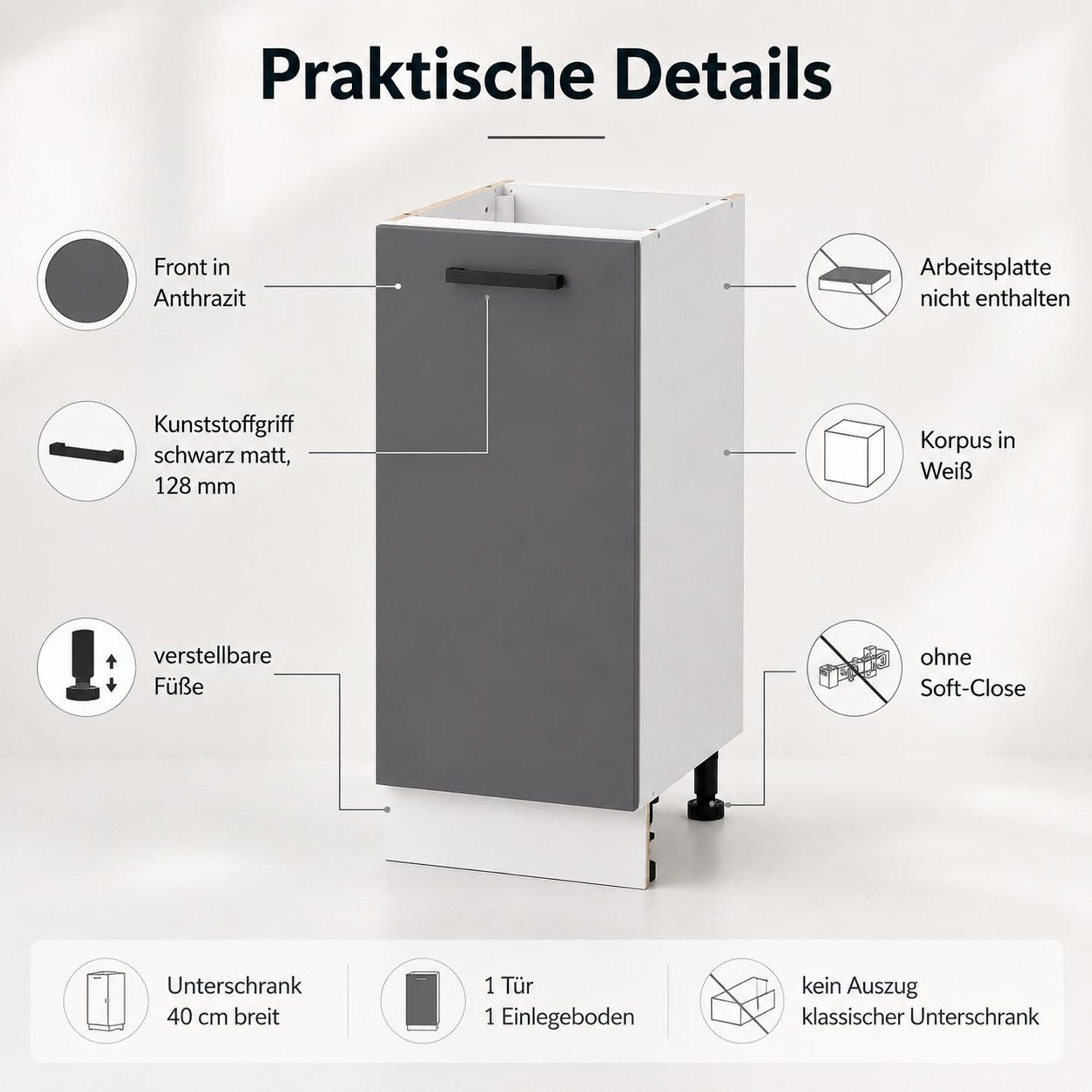 Küchenunterschrank 40 cm Anthrazit: Technische Daten & Ausstattung im Überblick.