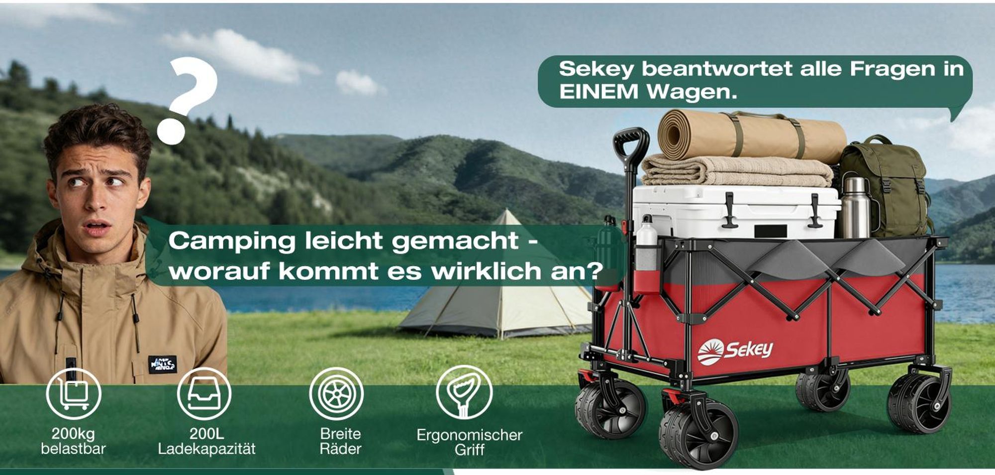 Sekey XXL Plus Bollerwagen Faltbar mit Extra Breite Räder, Faltbollerwagen belastbar 200kg Handwagen Klappbar Transportwagen, Grau und Rot