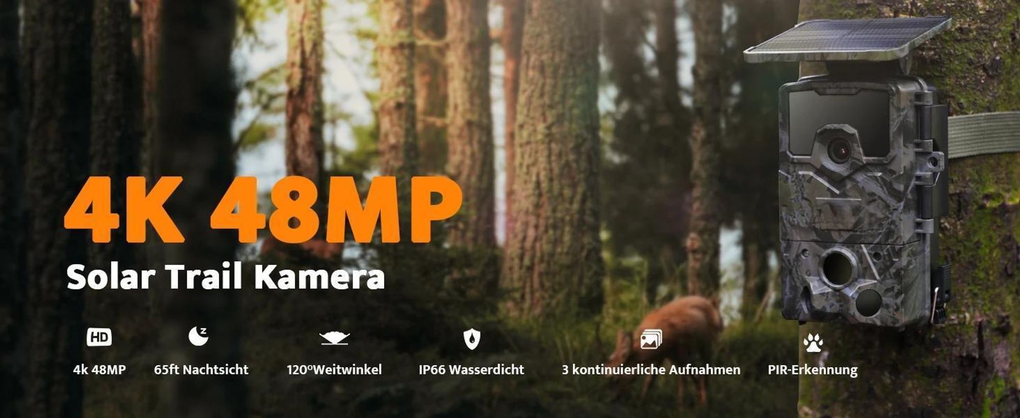 4K Wildkamera Solar 48MP Wildkamera mit Bewegungsmelder Nachtsicht 120° Winkel 2 Zoll Bildschirm Erfassungs 0,3s Auslösezeit 32GB TF-Karte Wasserdicht