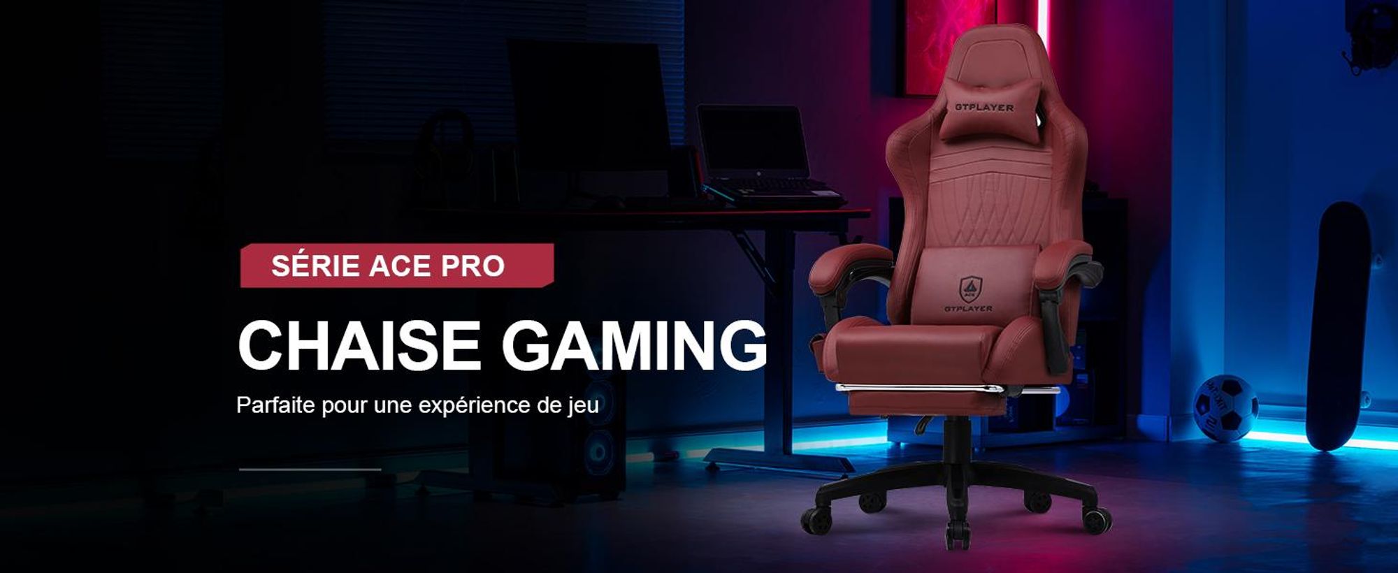 GTPLAYER Chaise de jeu ACE PRO, Chaise de bureau ergonomique Accoudoirs inclinables Avec repose-pieds, Haut-parleur Hi-Fi, Atmosphère sonore impressionnante, Rouge