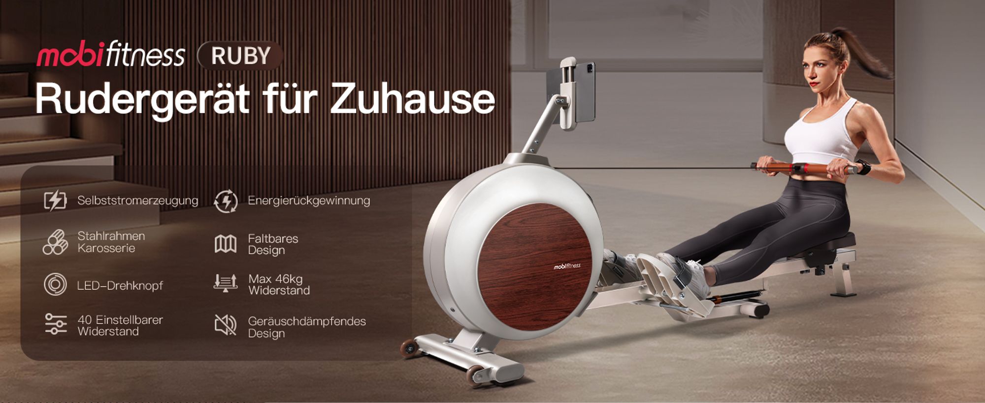 MOBI FITNESS Ruby Rudergerät mit Akku für Zuhause, Klappbares Rudergerät mit 40-stufigem Widerstand, leises Magnetbremssystem, 135kg belastbar
