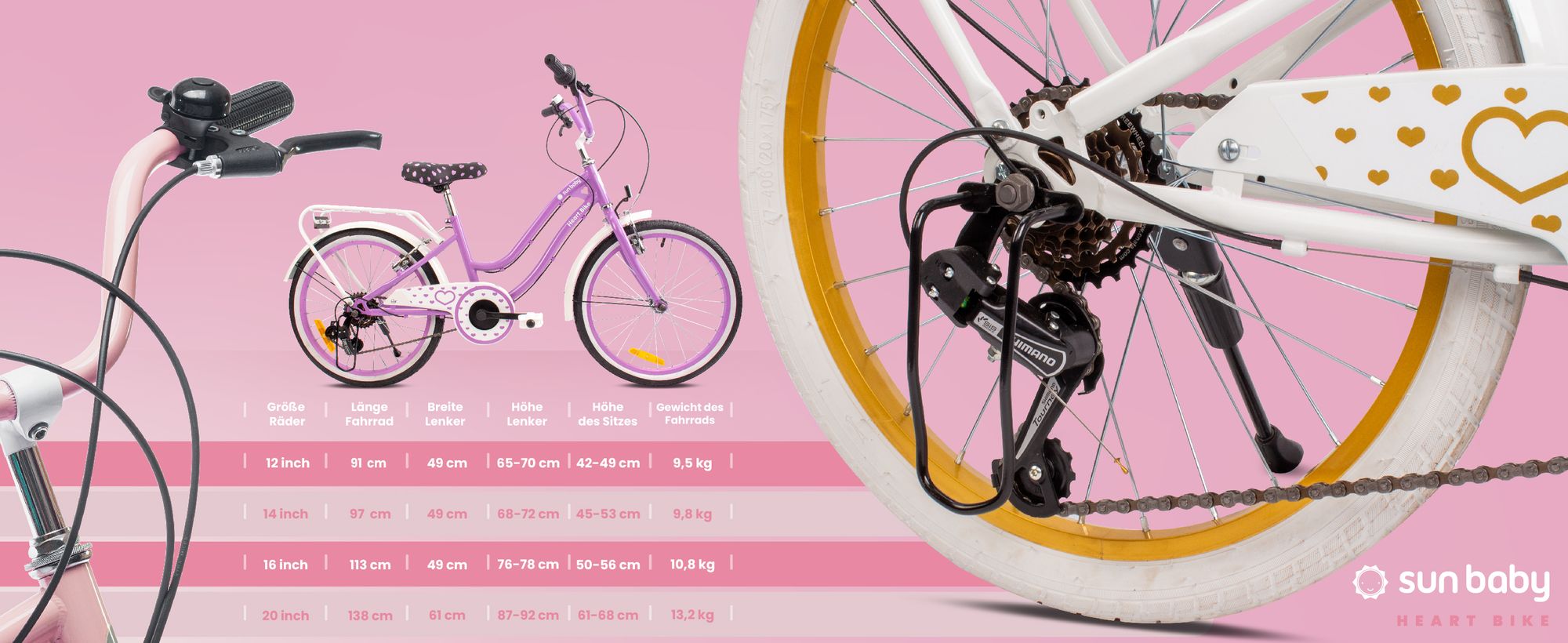 SUN BABY Heart Bike Kinderfahrrad 20 Zoll Mädchen, Fahrrad für Kinder ab 6 Jahre, 6-Gang Shimano, V-Brake, Gepäckträger, Reflektoren (Lila, 20 Zoll)