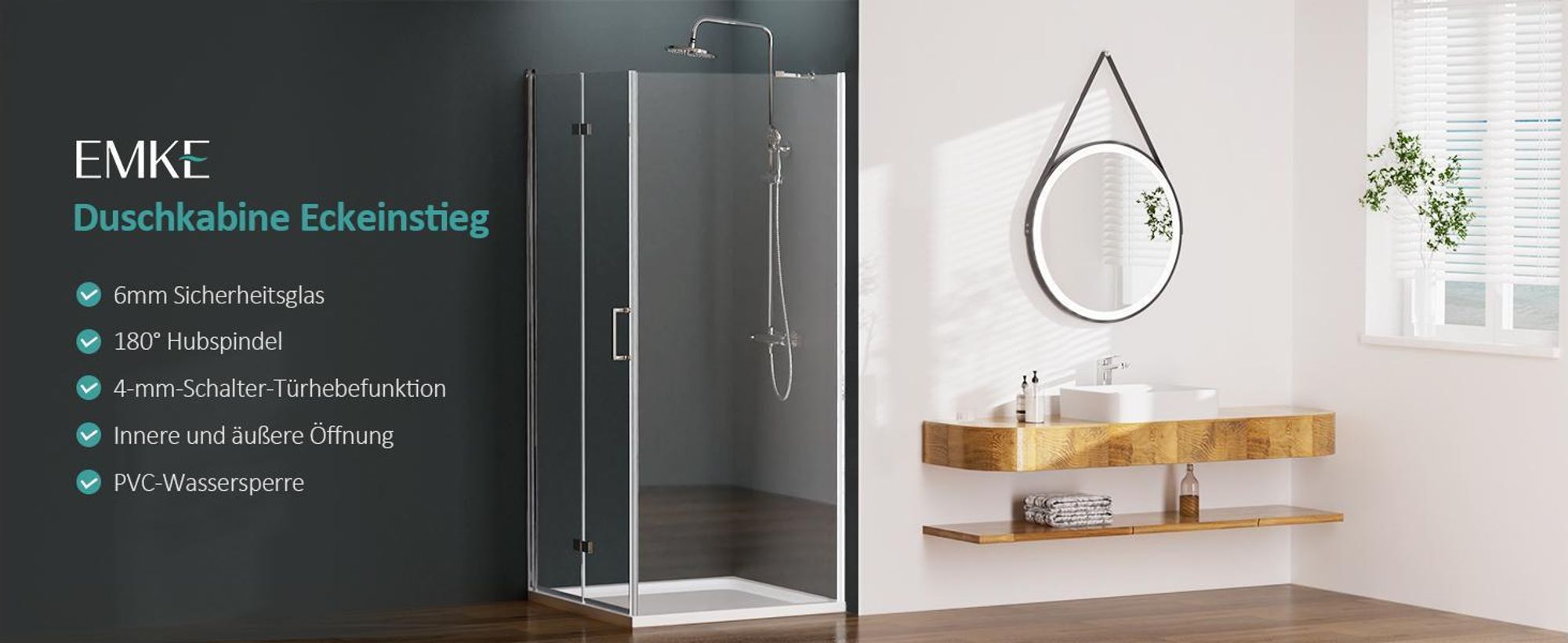 EMKE Duschkabine 90x90x195cm Eckeinstieg Dusche, Duschtür mit Seitenwand, Pendeltür Falttür 6mm ESG Nano Beschichtung Sicherheitsglas