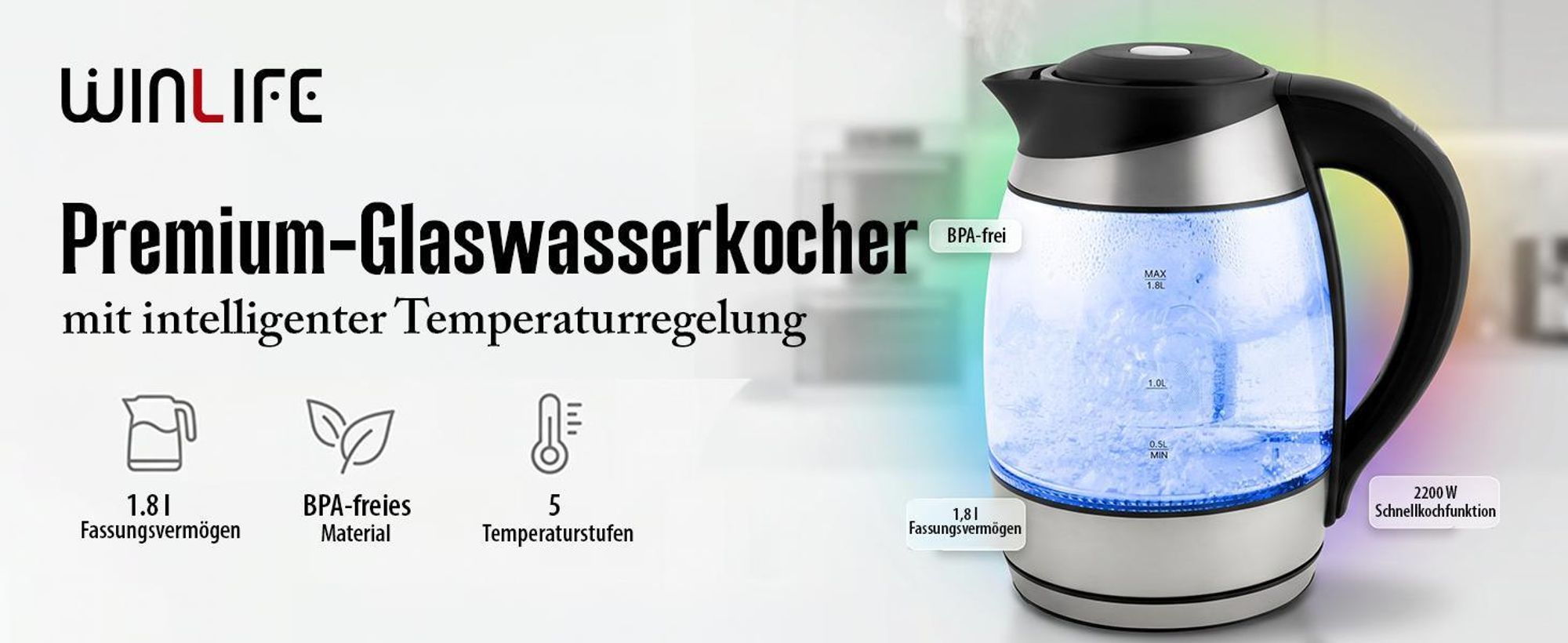 WINLIFE Glaswasserkocher Edelstahl 1,8 Liter Temperatureinstellung Temperaturwahl 60, 70, 80, 90, 100°C Farbwechsel LED| Teekessel Glaswasserkocher mit Warmhaltefunktion