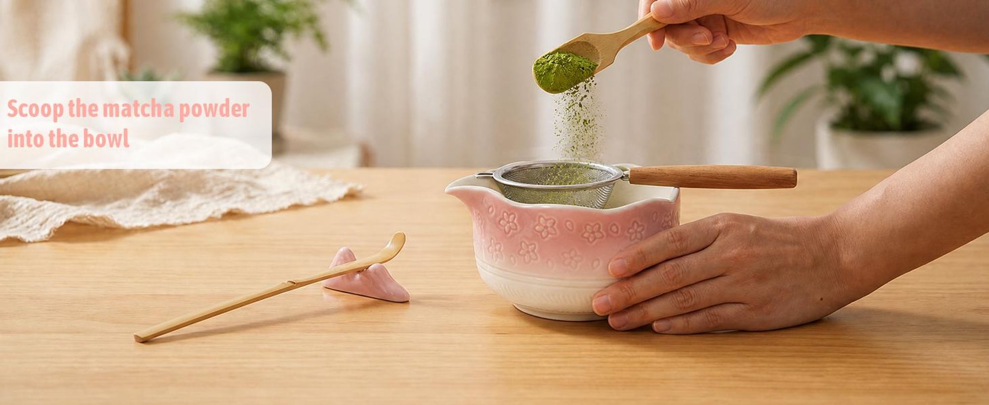 VONATES Matcha Set 9-tlg. mit Matcha-Schale, Bambus-Besener & Halter, Sieb, Löffel, Tuch, Eisform - Starter-Kit für Teezeremonie & Geschenk, Pink Farbverlauf