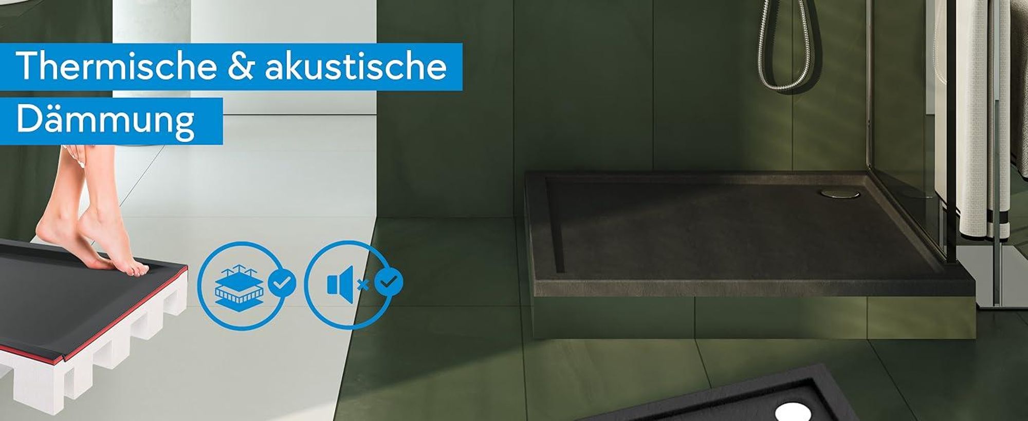 AQUABAD® Duschwanne Komplettset Basic Black Stone 80x80cm Quadrat inkl. Styroporträger und Ablaufgarnitur Alcadrain A49CR