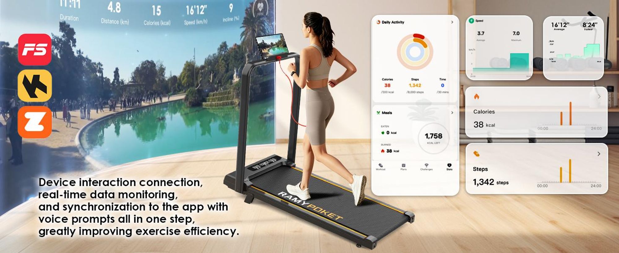 RAMYPOKET Laufband klappbar, laufbander mit 9 % steigung, LCD-Display intelligentes laufband, Super leise,Super Stoßdämpfung, bis 150 kg