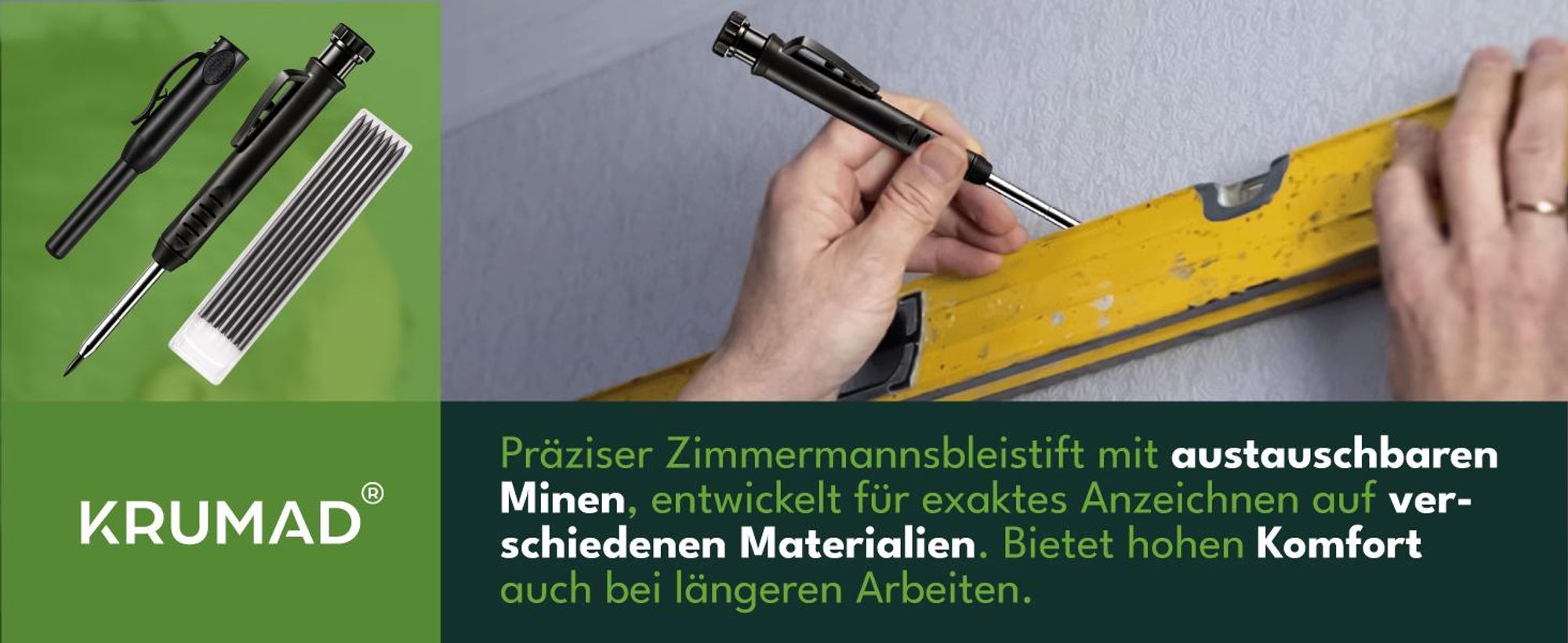 KRUMAD Tieflochmarker Zimmermannsbleistift, Markierstift mit 6 Minen 2,8 mm, Bau Marker für Bohrlöcher, Handwerker Werkzeug