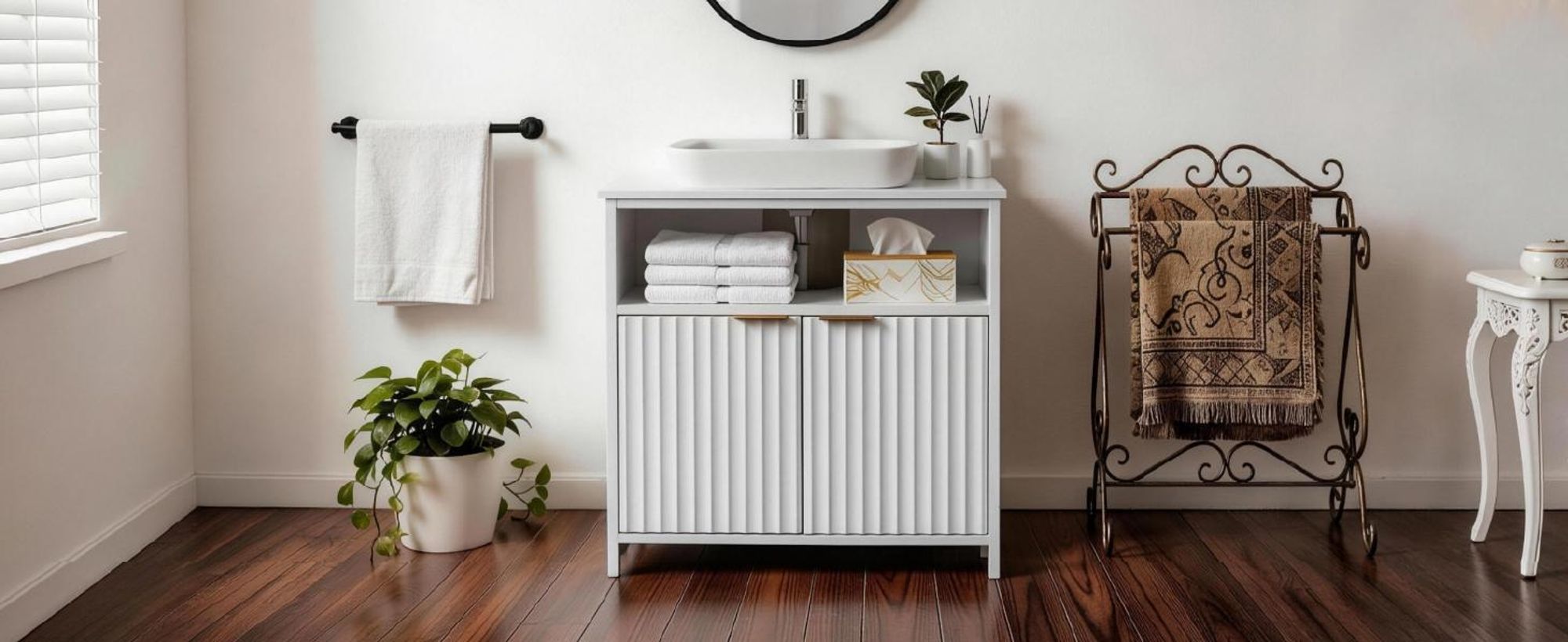 FCH Waschbeckenunterschrank mit 2 Türen und offenen Fächern, Badezimmerschrank, 30 x 60 x 60cm, Weiß