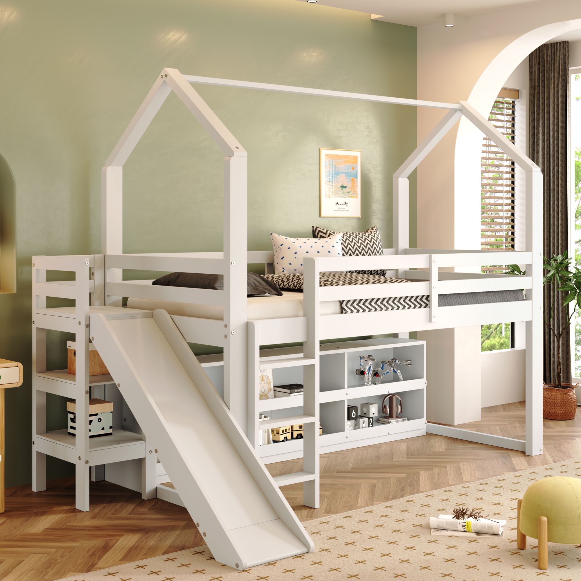 Flieks Etagenbett 90x200cm mit Schrank, Kinderbett Hausbett mit Rutsche, Hochbett Stockbett mit Rausfallschutz & Lattenrost, Holzbett Einzelbett, Weiß