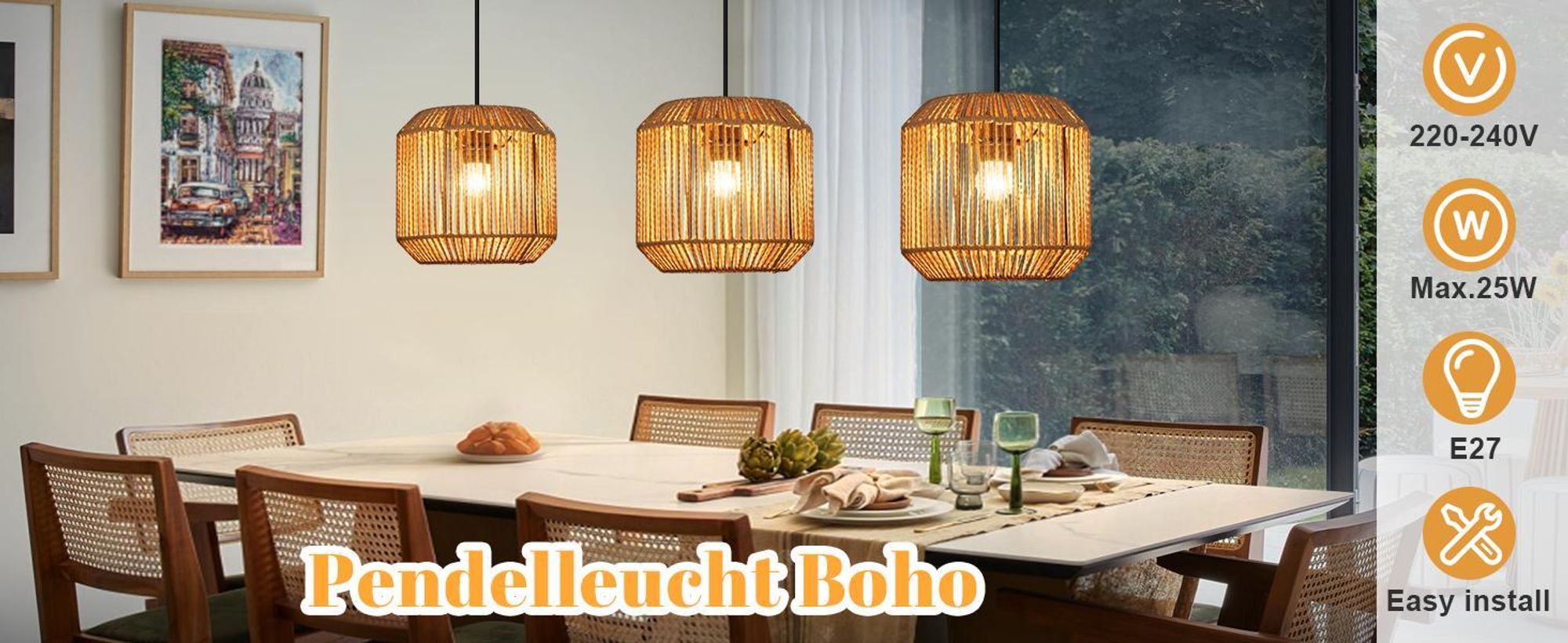 ZMH Pendelleuchte Boho Hängelampe Rattan Lampe Hängend Hängeleuchte Esszimmer 3 flammig Esstischlampe Retro Design mit E27 Fassung für Schlafzimmer