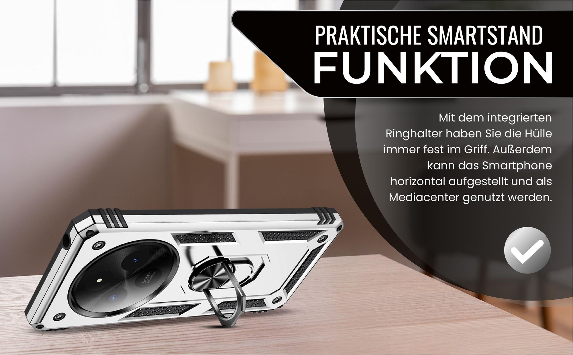 Silbernes Survival Case für Xiaomi Redmi 14C mit Standfunktion