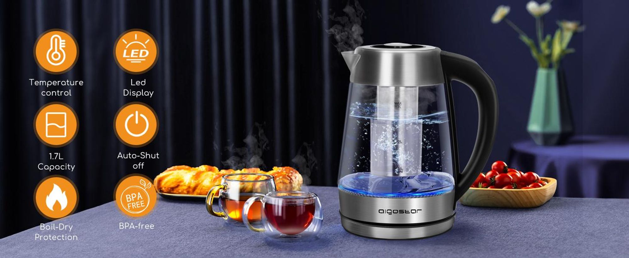 Aigostar - Glas Wasserkocher mit Temperatureinstellung 60°C-100°C, LED Beleuchtung im Farbwechsel, 2200W, 1,7 L, 120 Minuten Warmhaltefunktion