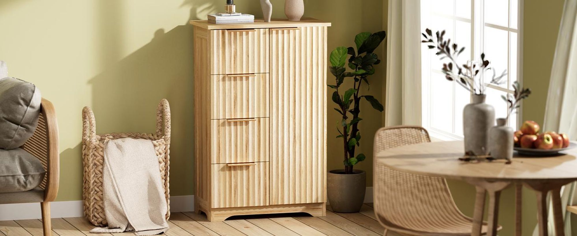FCH Küchenschrank, Buffet Kommode mit 1 Türen und 4 Schubladen, für Wohnzimmer, Esszimmer und Küche, 53.4 x 29 x 82 cm, Eiche