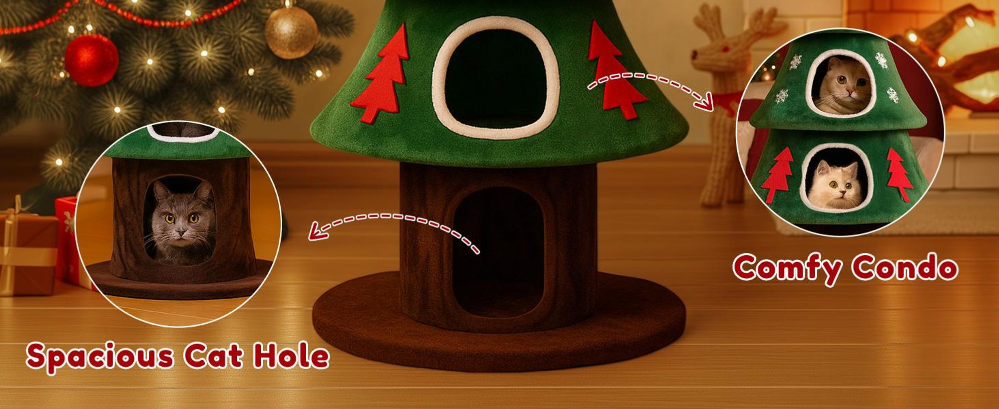 COMHOMA tiragraffi alto 135 cm, design albero di Natale, albero per gatti a più piani con casetta per gatti, con tiragraffi e palla da gioco Stabile albero da arrampicata per gatti