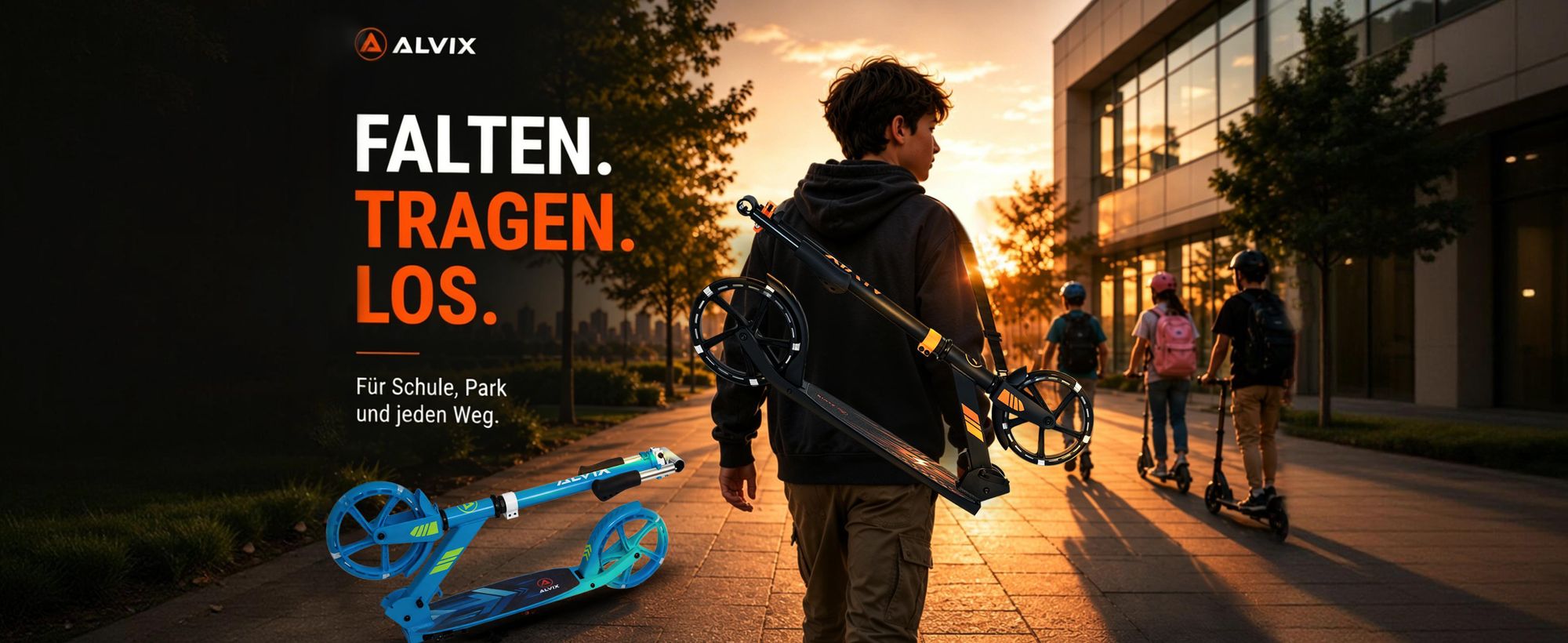 ALVIX Kinder-Scooter: falten, tragen, losfahren – für Schule, Park und jedes Abenteuer.