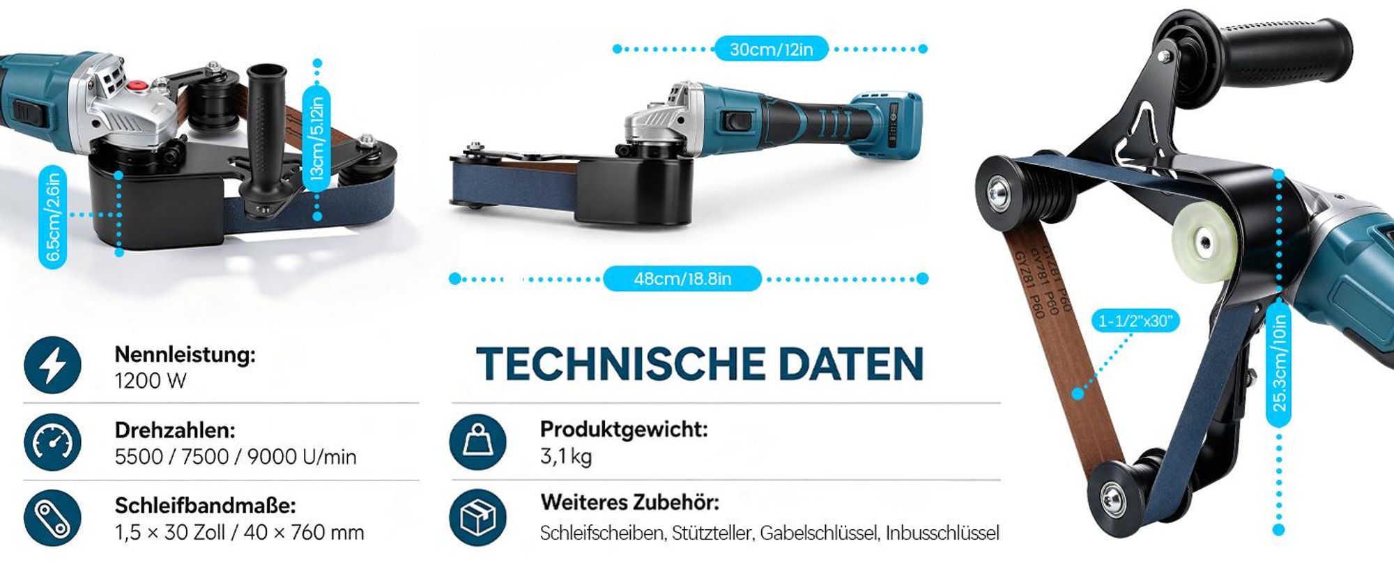 1200W 3-in-1 Akku Rohr-Bandschleifer mit 2×4000mAh Akku, 3Gang 9000U/min, 240° Rohrschleifer Bandschleifer zum Polieren Veredeln Entrosten von Rohren