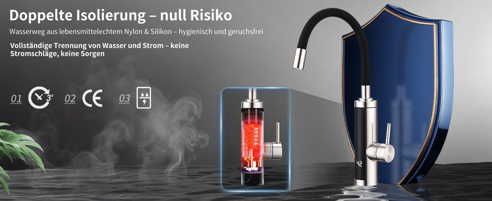 Homelody Elektrischer Wasserhahn mit Durchlauferhitzer 220V 3300W, Armatur Küche 304 Edelstahl mit 360° Flexibler Schlauch LED Temperaturanzeige