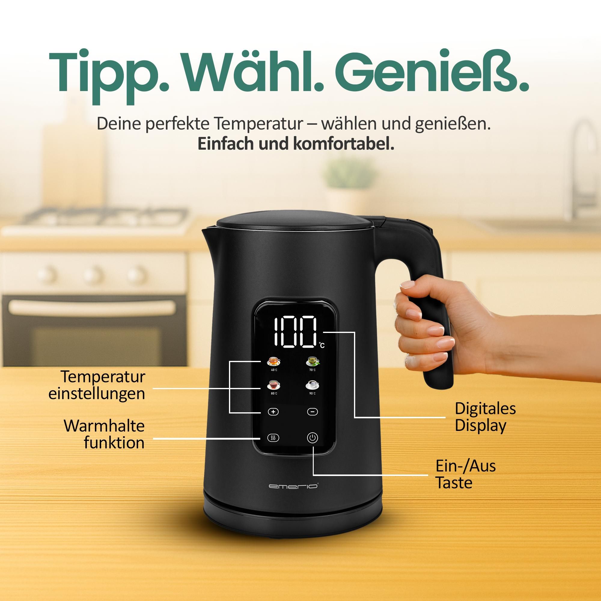 Emerio Wasserkocher mit Temperaturregelung 1,7 Liter – Touch-Bedienung – 360° drehbar – Warmhaltefunktion – 2200 W – WK-132229 – Schwarz