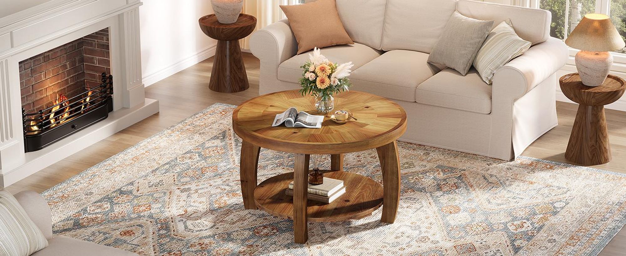 Runder Couchtisch aus Massivholz, 2-stöckiger Beistelltisch mit Ablagefläche, 80 cm große Holzplatte mit Mosaikmuster, für das Wohnzimmer