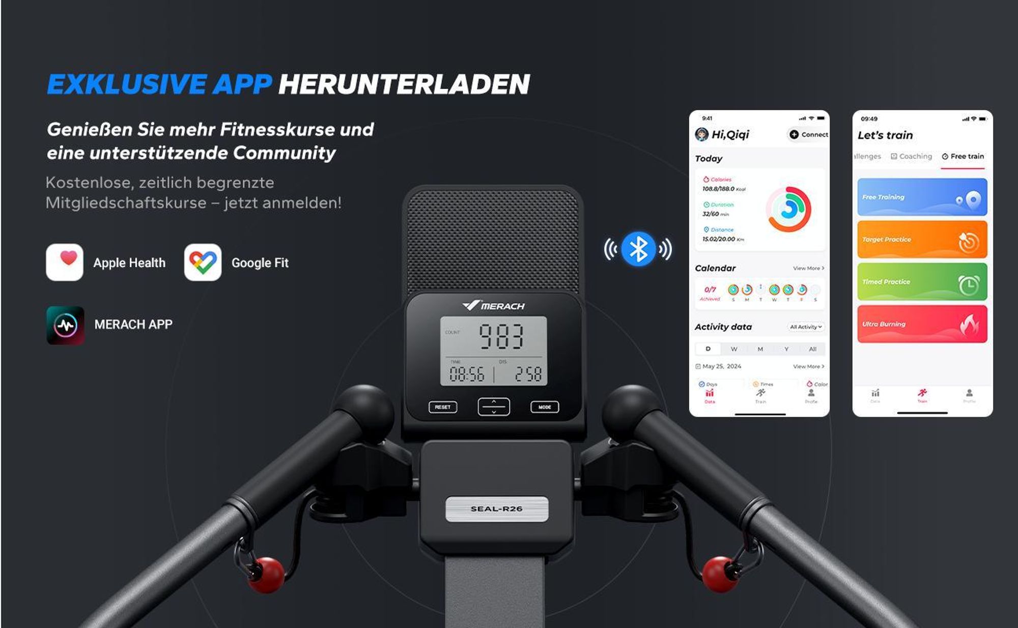 Magnetisches Rudergerät 36 kg Widerstand, 7 Modi, bis 158 kg, ergonomischer Sitz, LCD & Tablet-Halter, Bluetooth & Kinomap, App & Kurse, leise