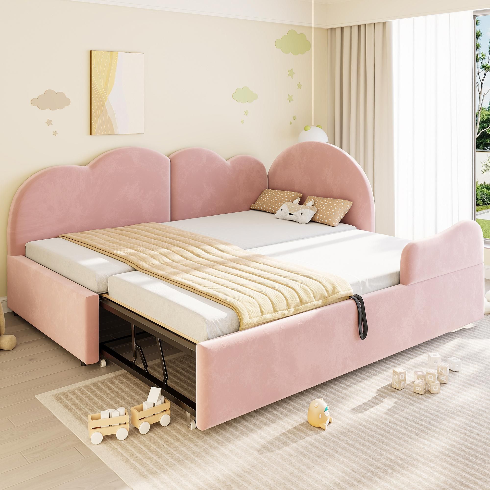 Merax Polsterbett Schlafsofa 90x200 cm L-Form mit Ausziehbett 180x200 cm, Kinderbett mit Wolken Kopfteil, Gästebett aus Samt mit Lattenrost, Rosa