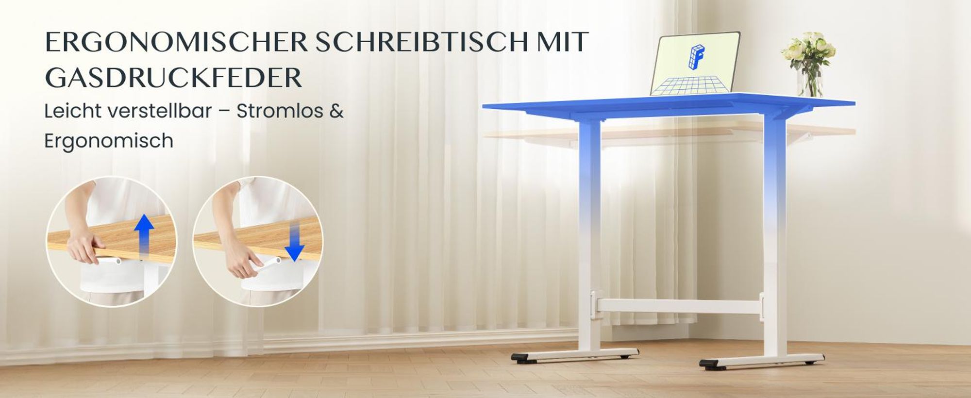 FLEXISPOT Gasfeder Höhenverstellbarer Schreibtisch 100×60 cm – stufenlos manuell verstellbar, Steh-Sitz-Tisch ohne Strom, mobil mit Rollen (Ahorn)