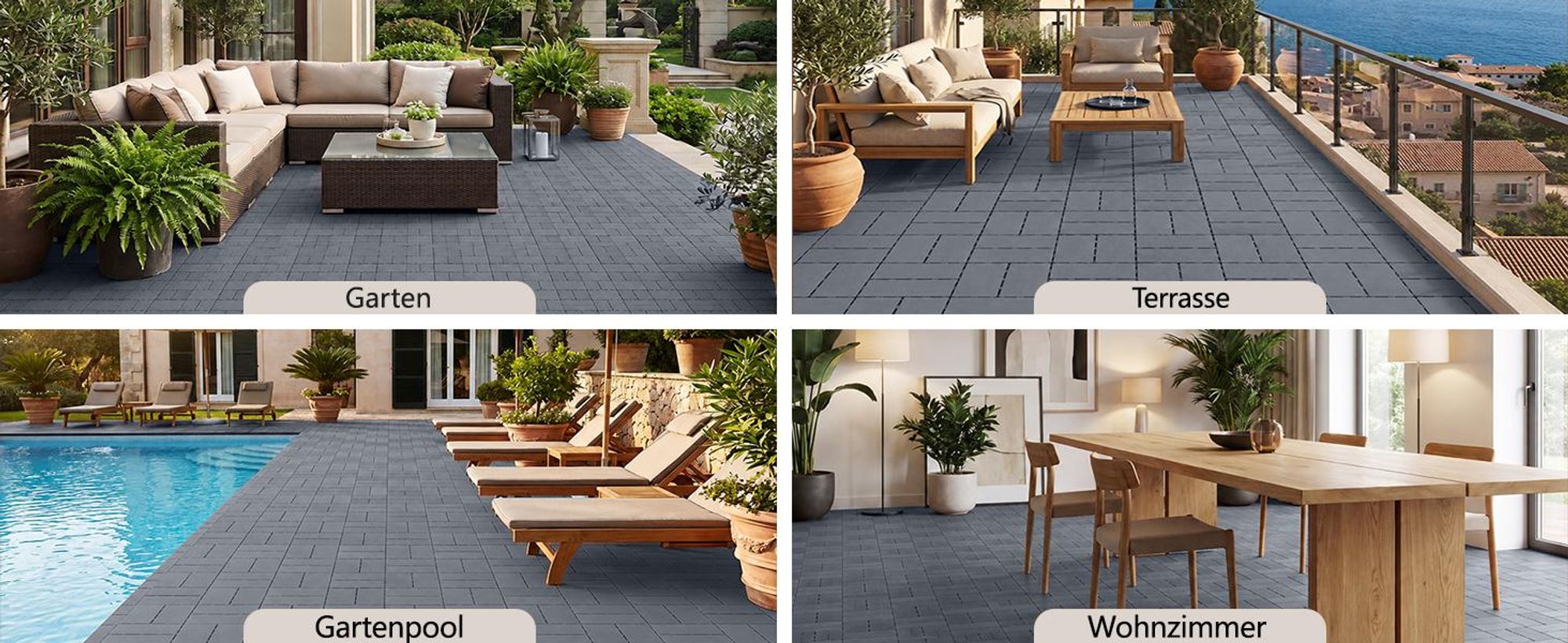 44 Stück Terrassenfliesen aus Kunststoff 30x30x2 cm, ca. 4 m², Klickfliesen mit Flechtmuster, wetterfest & rutschfest, für Balkon & Terrasse, Grau