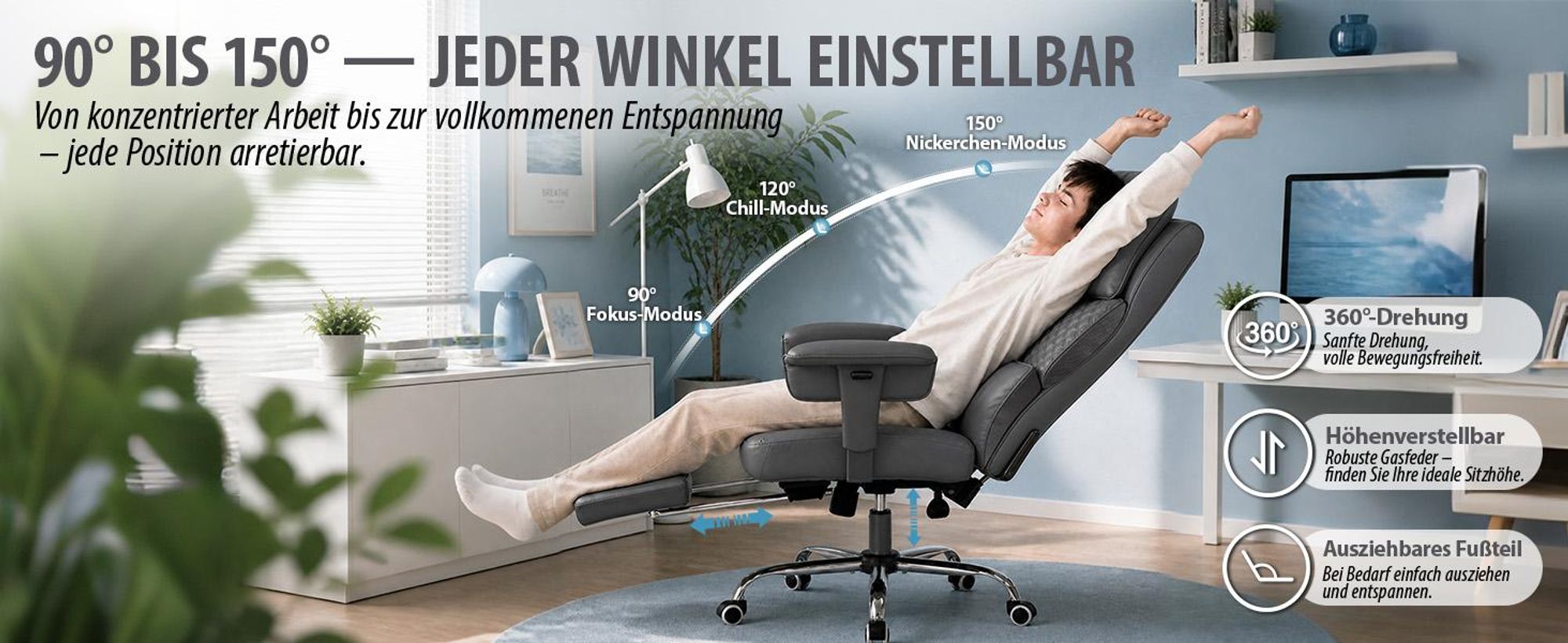GTPLAYER Gaming Stuhl Ergonomischer Bürostuhl mit Verstellbarer Kopfstütze großer Lendenwirbelstütze, 54 cm breiter Sitz, 90°–150° neigbar 180KG