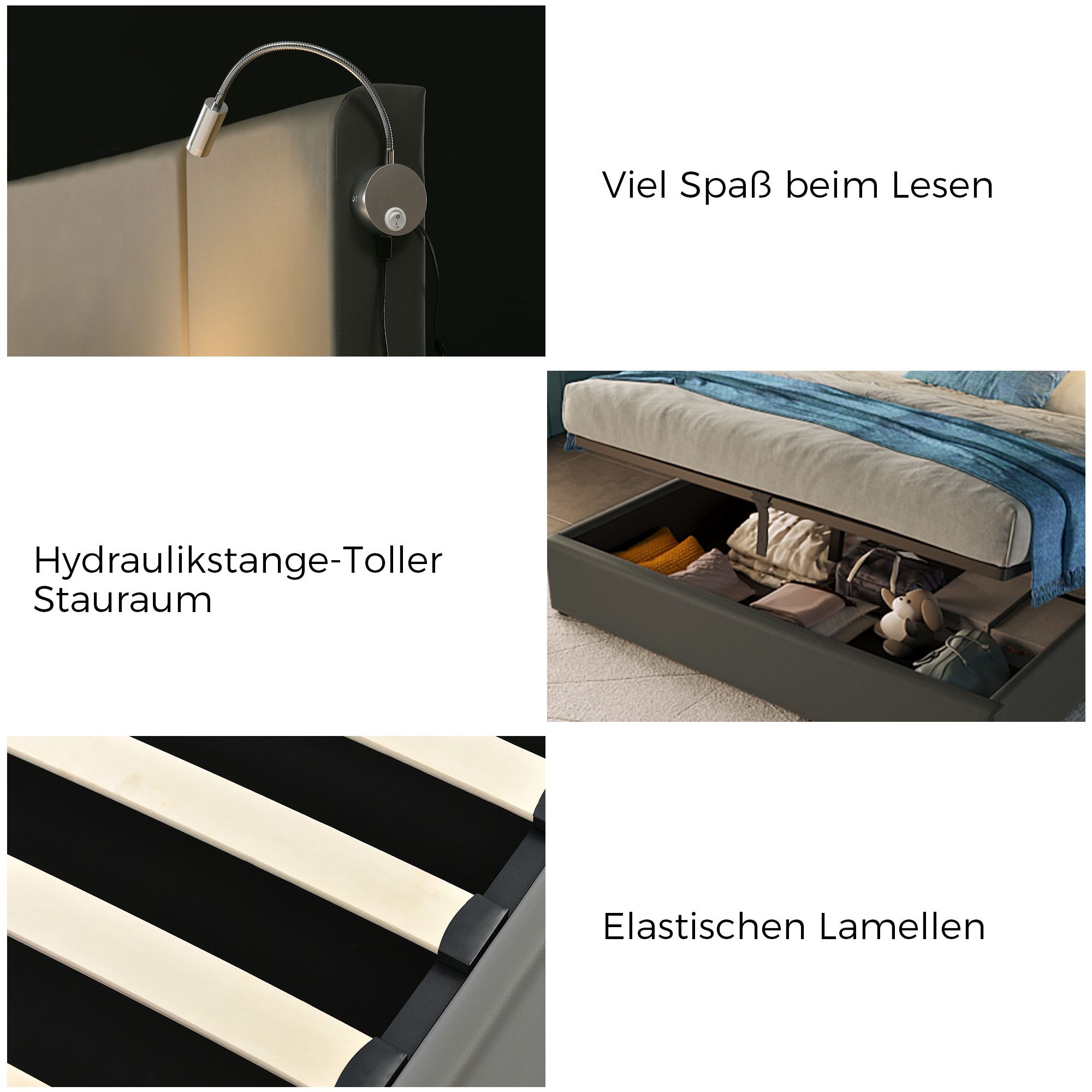 Flieks Polsterbett 160x200cm mit Lattenrost, Boxspringbett mit Leselichte und USB, Doppelbett Stauraumbett Funktionsbett, PU, Grau