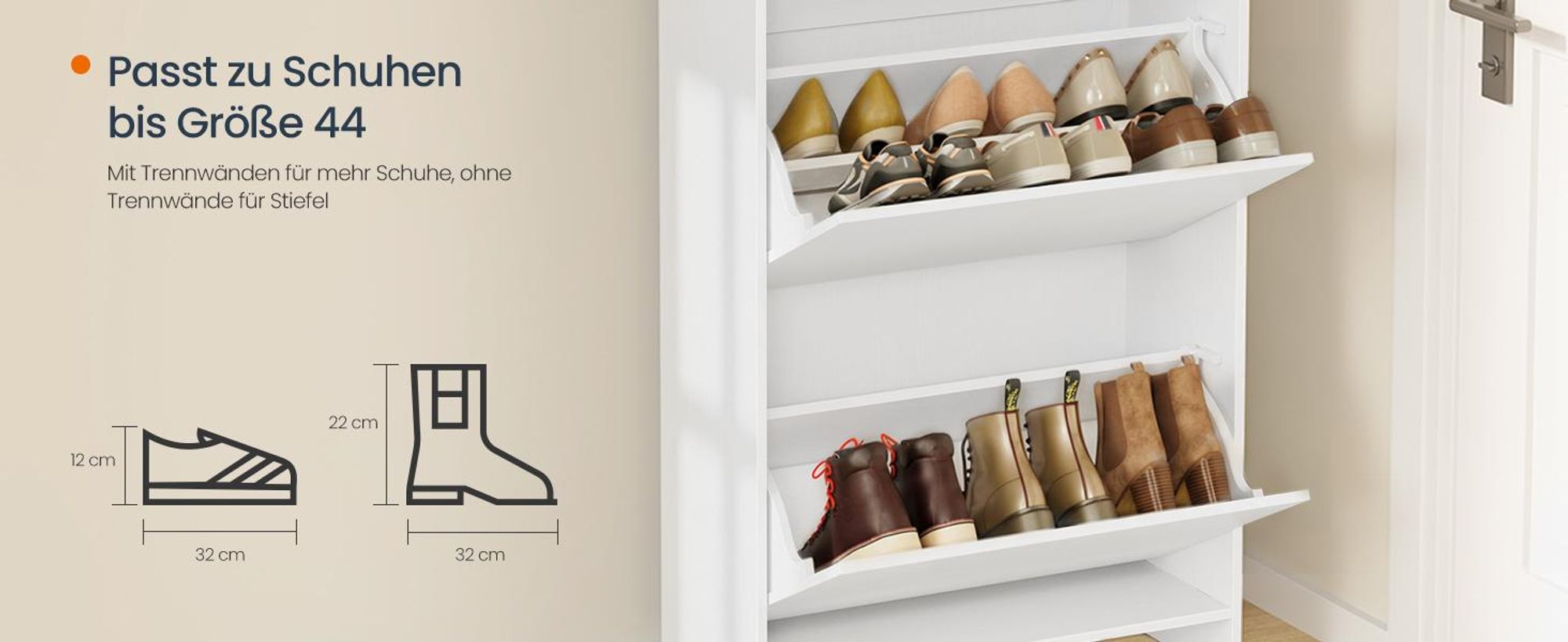 SONGMICS HOME Schuhkipper, superschnelle werkzeuglose Montage, Toolless-Technologie, Schuhschrank 2 Klappen, modern, weiß