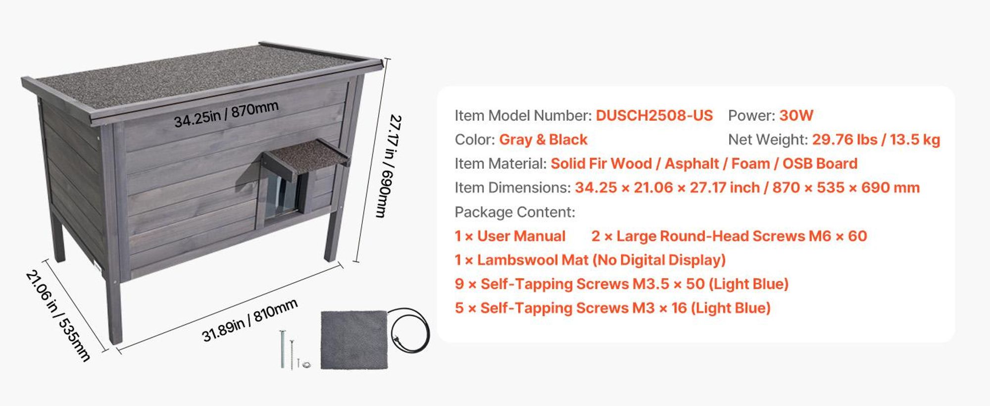 VEVOR Katzenhaus Outdoor 870 x 535 x 690 mm, Katzenhütte aus Holz, winterfeste Katzenhöhle mit 30-W-Heizkissen, PVC-Klapptür & Asphaltdach, Katzenunterstand für 1–3 Katzen im Winter,